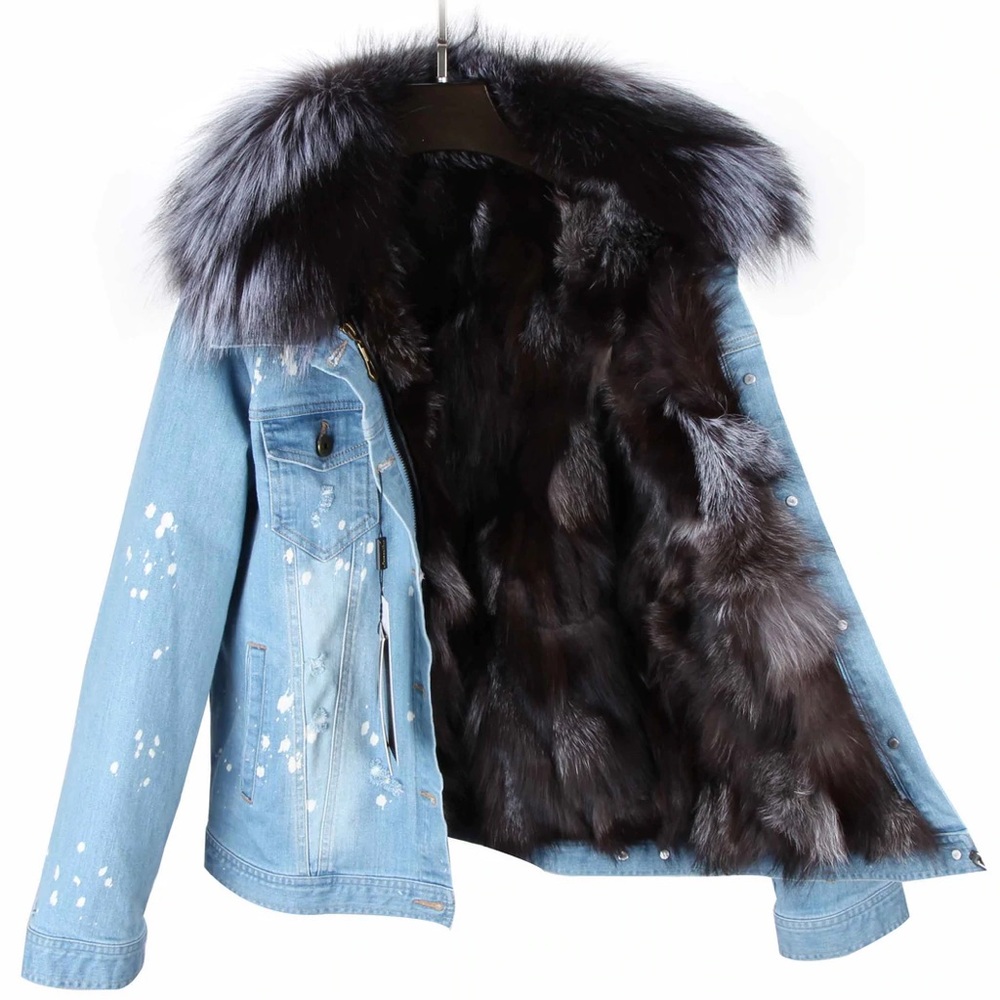 Women’s distressed denim jacket with fur lining and collar